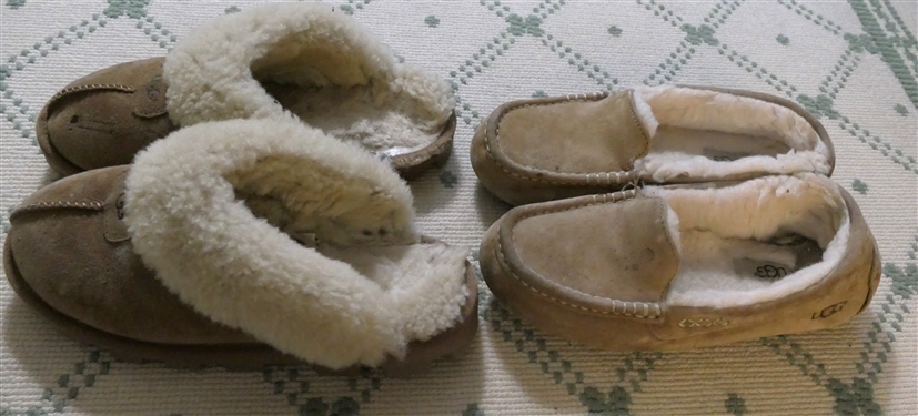 2 Pairs of UGG Slippers - Moccasin Style Size 8 and Slip on With Lots of Wear