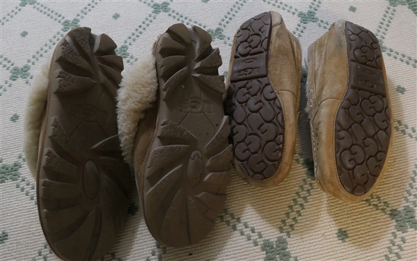 2 Pairs of UGG Slippers - Moccasin Style Size 8 and Slip on With Lots of Wear