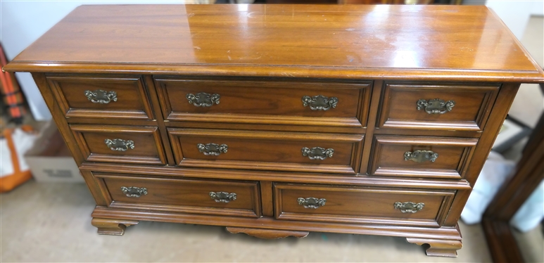 Carriage Trace II by Kent Coffey Cherry and Elm Dresser - 3 Over 3 Over 2 Dovetailed Drawers - Dresser Measures 34 Tall 64 by 20 - Small Ring on Top Surface - Manufactured in 1966