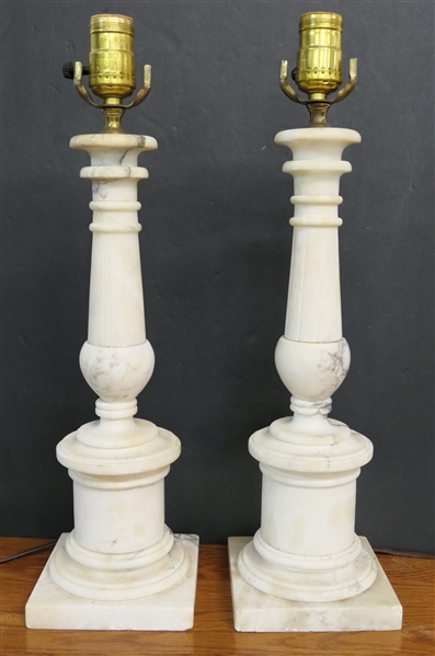 Pair of Nice Column Style Marble / Alabaster Table Lamps - Each Lamp is 18" Tall 