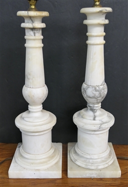 Pair of Nice Column Style Marble / Alabaster Table Lamps - Each Lamp is 18 Tall 