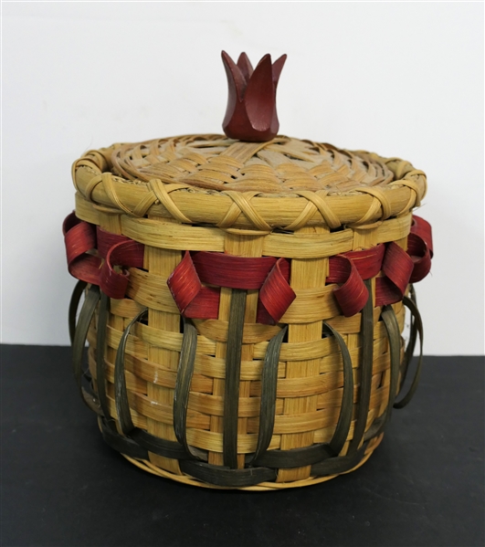 Handmade Oak Splint Tulip Basket with Lid - Hand Woven with Dyed Red Tulip Flowers - Green Stems - Basket Measures 7" Tall 8" Across