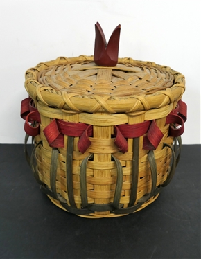 Handmade Oak Splint Tulip Basket with Lid - Hand Woven with Dyed Red Tulip Flowers - Green Stems - Basket Measures 7 Tall 8 Across