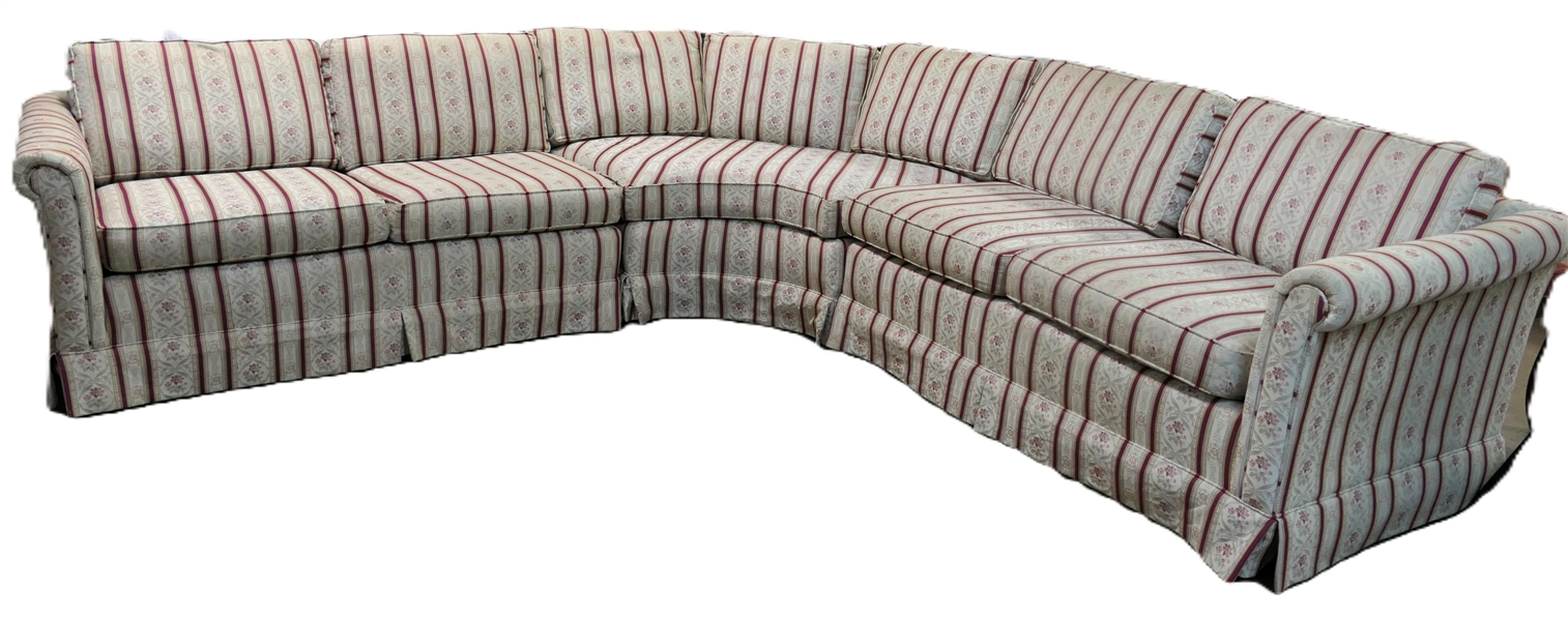 Vintage Ethan Allen Curved Sectional Sofa - Cream Upholstery with Burgundy and Gold Stripes, Red Florals - Sofa Measures - Needs Minor Cleaning Due to Storage  - 2 Rectangular Sections are 57" by 36" 