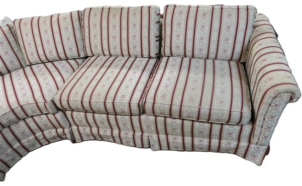 Vintage Ethan Allen Curved Sectional Sofa - Cream Upholstery with Burgundy and Gold Stripes, Red Florals - Sofa Measures - Needs Minor Cleaning Due to Storage  - 2 Rectangular Sections are 57 by 36 