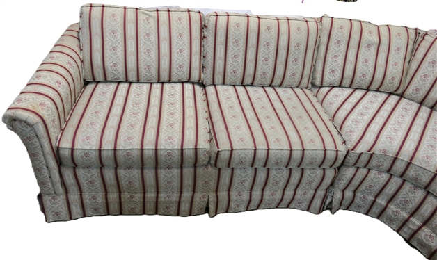 Vintage Ethan Allen Curved Sectional Sofa - Cream Upholstery with Burgundy and Gold Stripes, Red Florals - Sofa Measures - Needs Minor Cleaning Due to Storage  - 2 Rectangular Sections are 57 by 36 