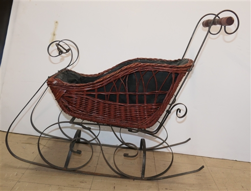 Wicker and Metal Decorator Sleigh - Wood Handle - Sleigh Measures 18" Tall 27" Long - Not Including Handle