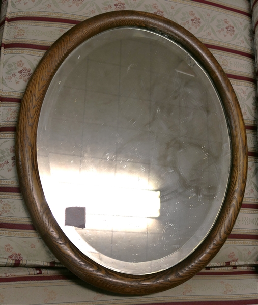 Oak Framed Oval Beveled Mirror - Frame Measures 22" by 18" 