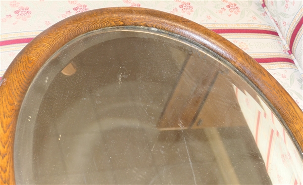 Oak Framed Oval Beveled Mirror - Frame Measures 22 by 18 