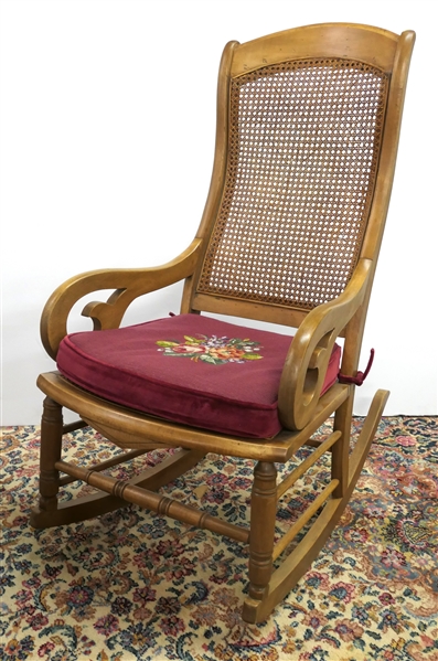 Nice Rocking Chair - Cane Back and Seat - Scrolled Arms - Nice Needlepoint Floral Cushion 