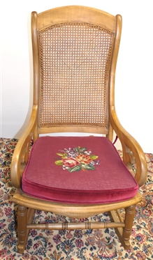 Nice Rocking Chair - Cane Back and Seat - Scrolled Arms - Nice Needlepoint Floral Cushion 