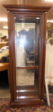 Nice Modern Mahogany Finish Display / China Cabinet -Column Details with Brass Tops - Carved Molding -  Glass Shelves - Lighted - Opens on Both Sides - Cabinet Measures - 75" tall 32" by 15 1/2" 