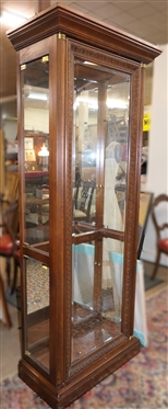 Nice Modern Mahogany Finish Display / China Cabinet -Column Details with Brass Tops - Carved Molding -  Glass Shelves - Lighted - Opens on Both Sides - Cabinet Measures - 75 tall 32 by 15 1/2 