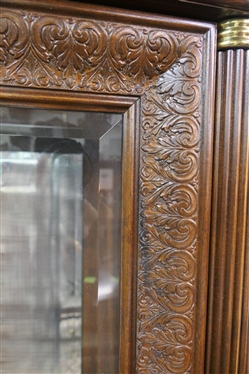 Nice Modern Mahogany Finish Display / China Cabinet -Column Details with Brass Tops - Carved Molding -  Glass Shelves - Lighted - Opens on Both Sides - Cabinet Measures - 75 tall 32 by 15 1/2 