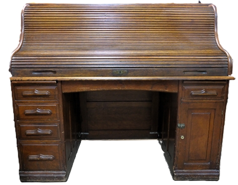 Very Nice Solid Oak S Roll Top Dest - Top with Many Divided Sections and Drawers - Bottom Desk Base with Dovetailed Drawers and Divided Cabinet -Small Hidden Door on Right Side -  Desk Measures...