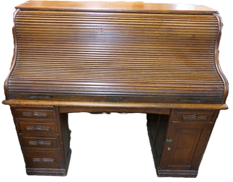 Very Nice Solid Oak S Roll Top Dest - Top with Many Divided Sections and Drawers - Bottom Desk Base with Dovetailed Drawers and Divided Cabinet -Small Hidden Door on Right Side -  Desk Measures...