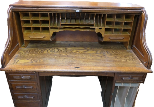 Very Nice Solid Oak S Roll Top Dest - Top with Many Divided Sections and Drawers - Bottom Desk Base with Dovetailed Drawers and Divided Cabinet -Small Hidden Door on Right Side -  Desk Measures...