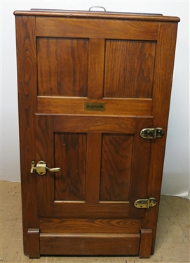 Very Nice Hudson Oak Ice Box - Brass Hardware - Excellent Condition - Top Paneled Door with Lined Interior -Original Instructions on Lid - Bottom Paneled Door with Divided Interior - Chest Measures...