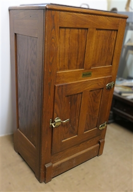 Very Nice Hudson Oak Ice Box - Brass Hardware - Excellent Condition - Top Paneled Door with Lined Interior -Original Instructions on Lid - Bottom Paneled Door with Divided Interior - Chest Measures...