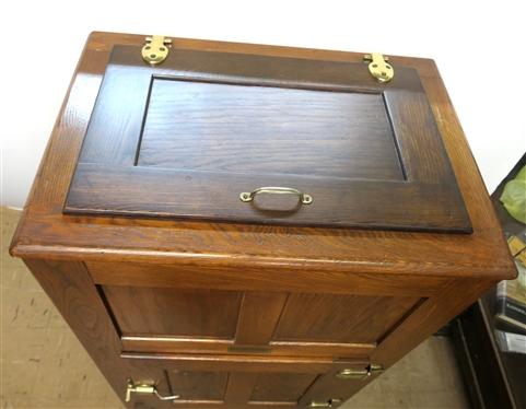 Very Nice Hudson Oak Ice Box - Brass Hardware - Excellent Condition - Top Paneled Door with Lined Interior -Original Instructions on Lid - Bottom Paneled Door with Divided Interior - Chest Measures...