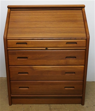 Dyrlund Mid Century Modern Teak Desk - Tambour Front - Pull Out Writing Surface with Leather Top- Interior with Cubbies and Drawers over 3 Drawers - Desk Measures 39 1/2 Tall 30 1/2 By 18 1/2