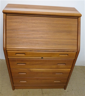 Dyrlund Mid Century Modern Teak Desk - Tambour Front - Pull Out Writing Surface with Leather Top- Interior with Cubbies and Drawers over 3 Drawers - Desk Measures 39 1/2 Tall 30 1/2 By 18 1/2