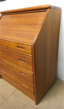 Dyrlund Mid Century Modern Teak Desk - Tambour Front - Pull Out Writing Surface with Leather Top- Interior with Cubbies and Drawers over 3 Drawers - Desk Measures 39 1/2 Tall 30 1/2 By 18 1/2