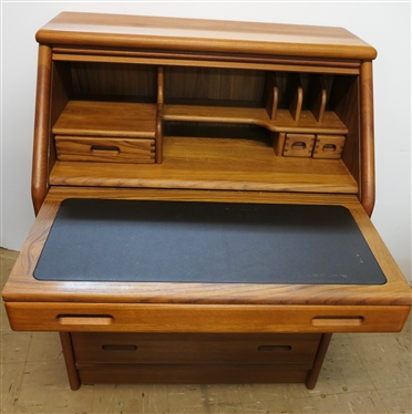 Dyrlund Mid Century Modern Teak Desk - Tambour Front - Pull Out Writing Surface with Leather Top- Interior with Cubbies and Drawers over 3 Drawers - Desk Measures 39 1/2 Tall 30 1/2 By 18 1/2