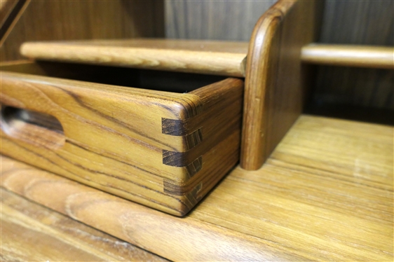 Dyrlund Mid Century Modern Teak Desk - Tambour Front - Pull Out Writing Surface with Leather Top- Interior with Cubbies and Drawers over 3 Drawers - Desk Measures 39 1/2 Tall 30 1/2 By 18 1/2