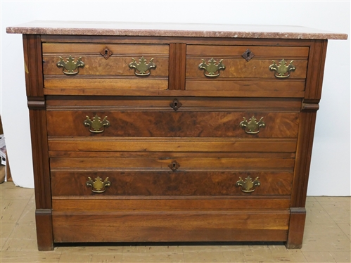 Walnut Victorian Marble Top Dresser - Brown Marble Top - 2 Dovetailed Drawers over 2 Dovetailed Drawers - Chest Measures 32" tall 44 1/2" by 18 3/4"