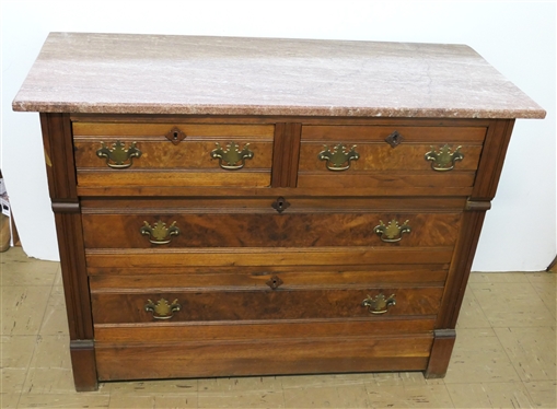 Walnut Victorian Marble Top Dresser - Brown Marble Top - 2 Dovetailed Drawers over 2 Dovetailed Drawers - Chest Measures 32 tall 44 1/2 by 18 3/4