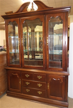 Nice Impressions by Thomasville Mahogany Finish Lighted China Cabinet -Broken Arch Top - Glass Sides and Doors - Mirrored Back with Glass Shelves - Brass Hardware - Bottom Cabinet with 2 Doors and...