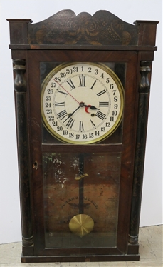Eli Terry Jr. Calendar Clock - Mahogony Case - Stencil Decorated Crown and Columns- Runs Well - Clock Measures 30 1/2 Tall 16 1/2 by 4 1/2
