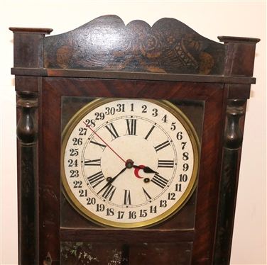 Eli Terry Jr. Calendar Clock - Mahogony Case - Stencil Decorated Crown and Columns- Runs Well - Clock Measures 30 1/2 Tall 16 1/2 by 4 1/2
