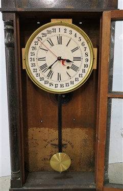 Eli Terry Jr. Calendar Clock - Mahogony Case - Stencil Decorated Crown and Columns- Runs Well - Clock Measures 30 1/2 Tall 16 1/2 by 4 1/2