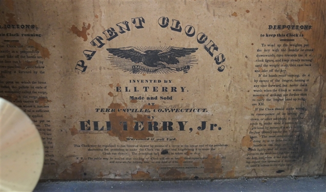 Eli Terry Jr. Calendar Clock - Mahogony Case - Stencil Decorated Crown and Columns- Runs Well - Clock Measures 30 1/2 Tall 16 1/2 by 4 1/2