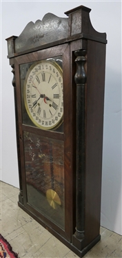Eli Terry Jr. Calendar Clock - Mahogony Case - Stencil Decorated Crown and Columns- Runs Well - Clock Measures 30 1/2 Tall 16 1/2 by 4 1/2