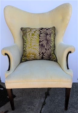 Pale Yellow Corduroy Wing Back Chair - Mahogany Legs - Rolled Arms - Button Tufted Back - Attractive Coordinating Throw Pillow - Chair Measures 43 Tall 31 Across - Some Minor Spots on Chair Back