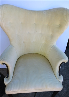 Pale Yellow Corduroy Wing Back Chair - Mahogany Legs - Rolled Arms - Button Tufted Back - Attractive Coordinating Throw Pillow - Chair Measures 43 Tall 31 Across - Some Minor Spots on Chair Back