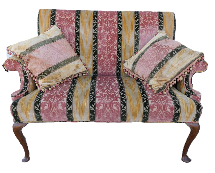 Very Nice Queen Anne Style Brocade Velvet Settee with Matching Throw Pillows with Tassel Trim - Sofa Measures 53" Long
