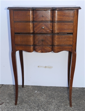 French Lift Top Stand - Mahogany with Dainty Legs - Lift Top with Faux Drawers and 1 Dovetailed Drawer Measures 6 Tall 17 by 11 - Top Has Been Repaired - Missing 1 Pull and Some Minor Veneer Loss