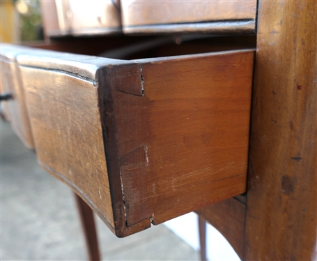 French Lift Top Stand - Mahogany with Dainty Legs - Lift Top with Faux Drawers and 1 Dovetailed Drawer Measures 6 Tall 17 by 11 - Top Has Been Repaired - Missing 1 Pull and Some Minor Veneer Loss