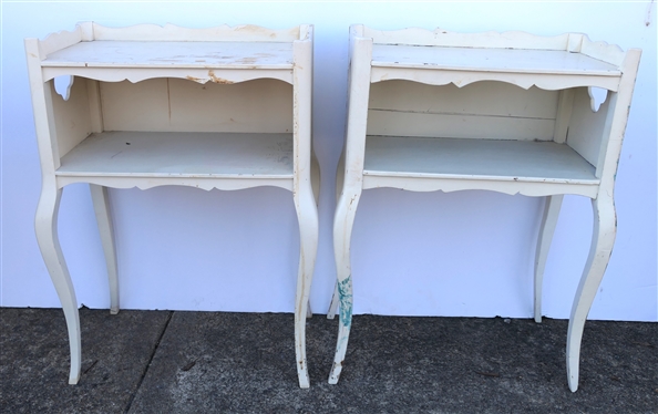 Pair of French Style Night Stands - Scalloped Trim -Quatrefoil Cut Outs on Each End - White Painted  - Some Finish Defects - Each Stand Measures 27 Tall 19 by 11 1/2 