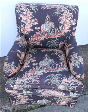 Mid Century Club Chair with Oriental Camel and Elephant Upholstery - Down Filled Seat - Chair Measures 31 Tall 29 by 31 