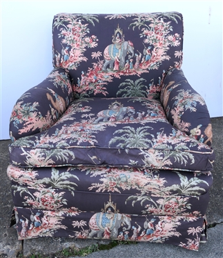 Mid Century Club Chair with Oriental Camel and Elephant Upholstery - Down Filled Seat - Chair Measures 31 Tall 29 by 31 