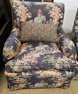 Mid Century Club Chair with Oriental Camel and Elephant Upholstery - Down Filled Seat - Chair Measures 31 Tall 29 by 31 
