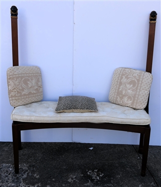 Unusual Curved Bench with Tall End Posts - Egyptian Style Bust Finials - Cream Brocade Cushion with Coordinating Throw Pillows - Bench Measures 20 Tall To Seat - 58 Long - 63 to Top of Finials