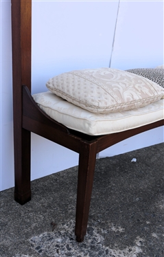 Unusual Curved Bench with Tall End Posts - Egyptian Style Bust Finials - Cream Brocade Cushion with Coordinating Throw Pillows - Bench Measures 20 Tall To Seat - 58 Long - 63 to Top of Finials