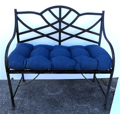 Nice Sturdy Iron Garden / Patio Bench with Blue Button Tufted Cushion - Bench Measures 40 Long