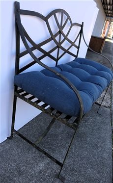 Nice Sturdy Iron Garden / Patio Bench with Blue Button Tufted Cushion - Bench Measures 40 Long